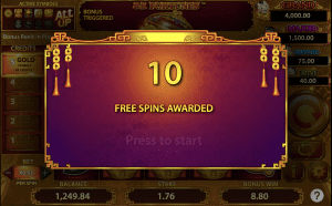 A screenshot from 88 Fortunes, with the game presenting a screen saying that 10 Free Spins were awarded